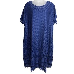 Isaac Mizrahi Dress Size 2X Navy Lace Eyelet Overlay Midi Dress Holiday Party